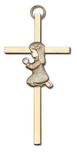 4" Praying Girl Cross, Gold Figure on Polished Brass Cross, # 95182