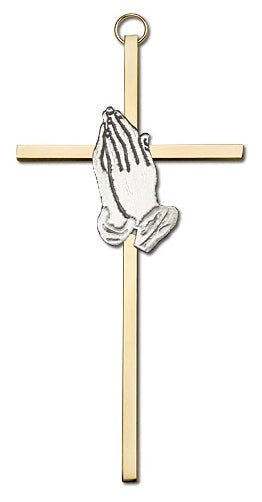 6" Praying Hands Cross, Silver Figure on Polished Brass Cross, # 95223