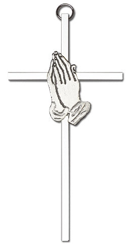 6" Praying Hands Cross, Silver Figure on Nickel Plated Cross, # 95226