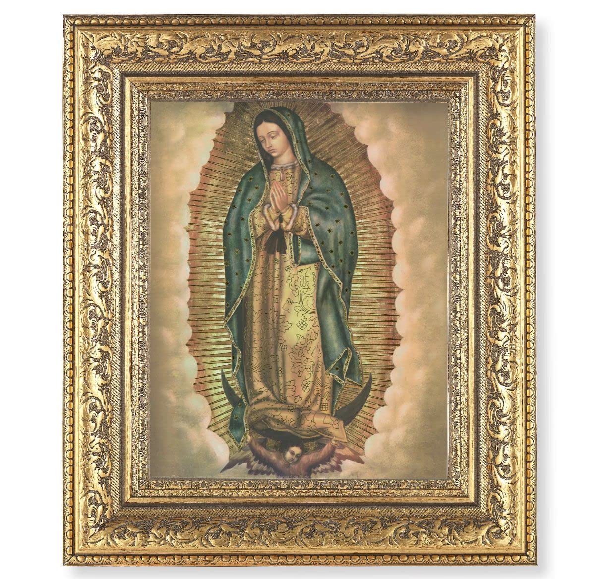 Our Lady of Guadalupe Picture, 12-1/2"x14-1/2, Antique Gold Leaf Carvings Ornate Frame, Italian Print Under Glass # 25593