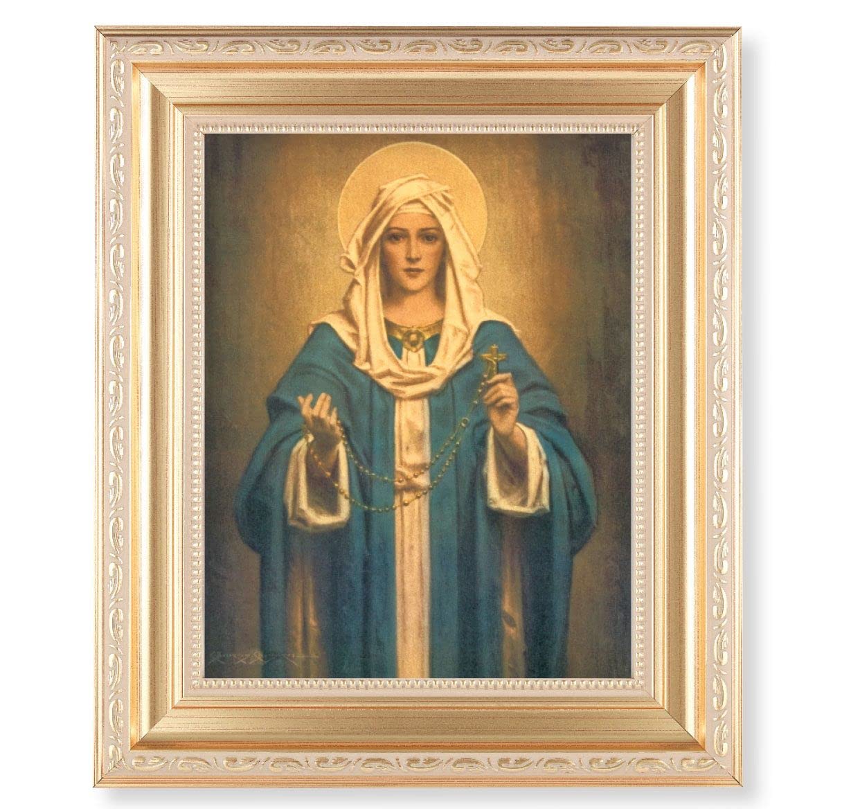 Our Lady of The Rosary Picture, 11.5"x13.5" Satin Gold Frame, Distressed Finish with Scrollwork, Italian Print Under Glass # 26555