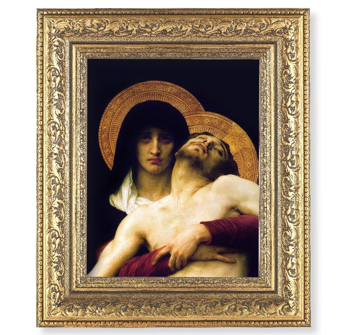 The Pieta Picture, 12-1/2"x14-1/2, Antique Gold Leaf Carvings Ornate Frame, Italian Print Under Glass # 25558