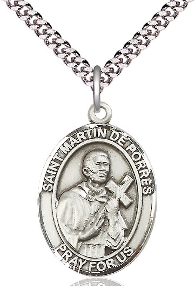 St. Martin de Porres Medal in Fine Pewter, 1 inches Tall on a 24 inches Light Rhodium Heavy Clasp Chain