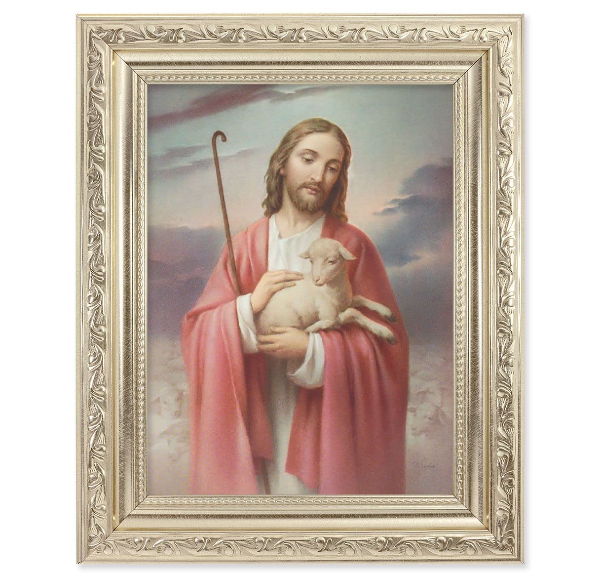Good Shepherd Picture, 8-1/4"x10-1/4 Antique Silver Finish with Acanthus Leaf Detail Under Glass # 27859
