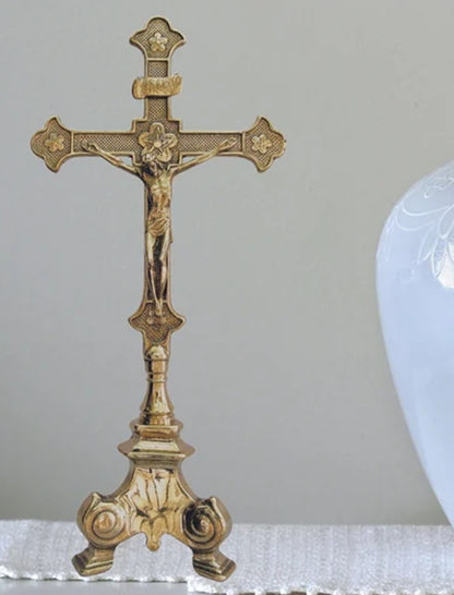 13" Standing Brass Crucifix, 3-legged base, Made in Italy, # 96323