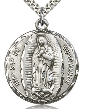 1-1/8" Sterling Silver Spanish Our Lady of Guadalupe Medal, Your Choice of Chain, # 96540