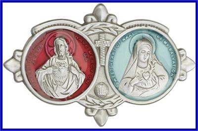 Visor Clip, Silver Oxide Finish, Red / White Enamel, Jesus / Mary, 3-1/8" wide, # 96636