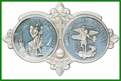Visor Clip, Silver Oxide Finish, Saints Michael and Christopher, Blue Enamel, 3-1/8" wide, # 96637
