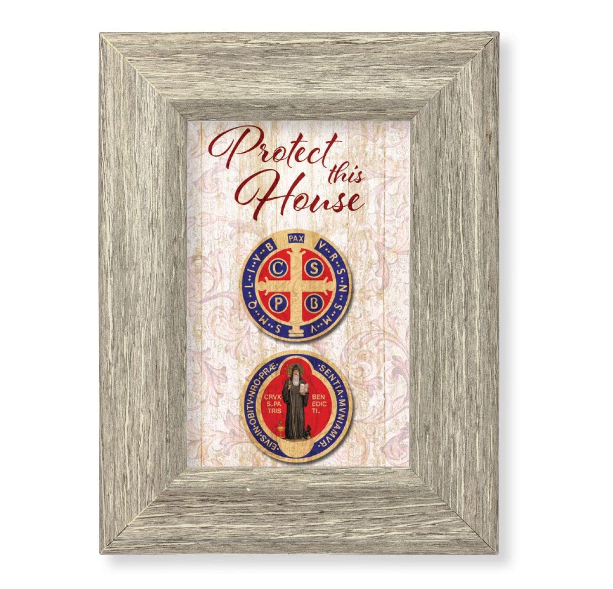 St. Benedict Protect This House Printed on Wood, 6-1/2"x8-1/2 Weathered Gray Frame, Italian # 28035