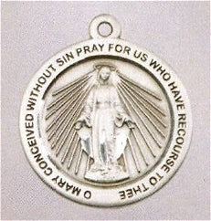 15/16" Round Miraculous Medal in Sterling., Your Choice of Chain, # 97081