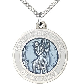3/4" Round St. Christopher Medal, White Border and Blue Enamel, Your Choice of Chain, # 97090