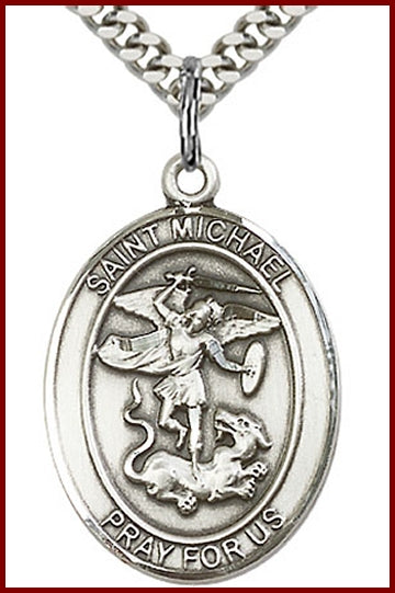 St. Michael Medal, Sterling Silver, 1"x3/4", Your choice of chain, # 97095