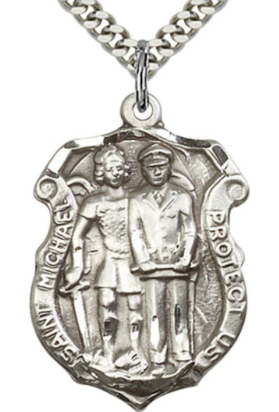 St. Michael / Police Medal, Sterling Silver, 1-1/8", Your Choice of Chain, # 97096