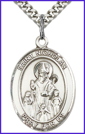1"x3/4" Sterling Silver St. Nicholas Medal, Your Choice of Chain, # 97112