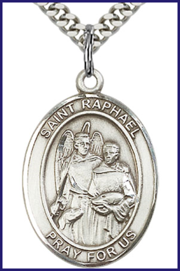 Sterling Silver Medal, 1" x 3/4", St. Raphael the Archangel, Your Choice of Chain, # 97113