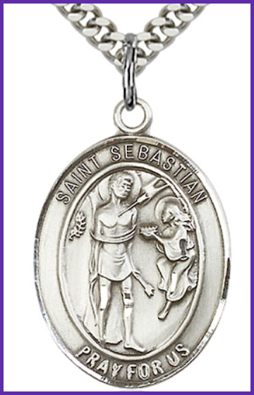 Sterling Silver Medal, 1"x3/4", St. Sebastian, Your Choice of Chain, # 97117