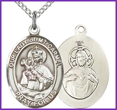 Sterling Silver Medal, 3/4"x9/16", Our Lady of Mount Carmel, Your Choice of Chain, # 97130