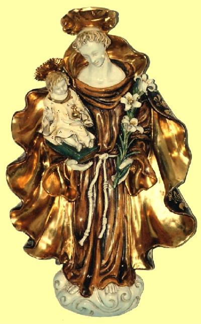 Saint Anthony and Child hanging wall plaque in hand painted and hand crafted ceramic, 12" x 20". Made in Italy., 97396