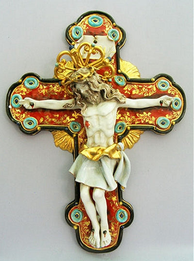 Perseo Crucifix in hand painted and hand crafted ceramic, 20". Made in Italy., 97437
