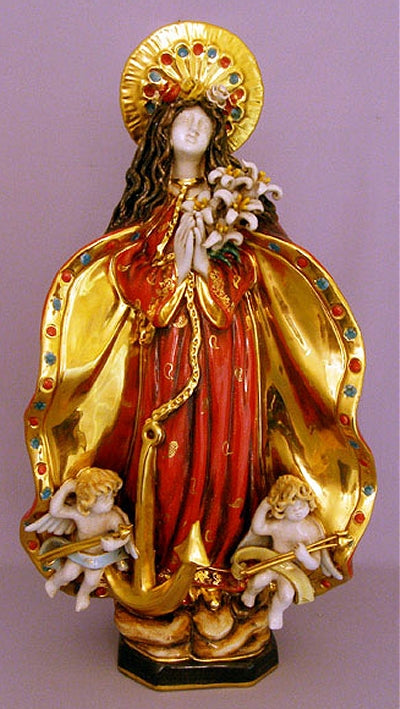Saint Philomena with Angels in hand-painted and hand-crafted ceramic, 20". Made in Italy., 97448