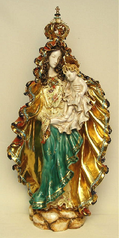 Standing Madonna and Child w/ Crown, hand-painted and hand-crafted ceramic, 26". Made in Italy., 97449