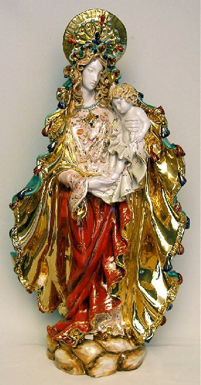 Standing Madonna and Child w/ Halo, hand-painted and hand-crafted ceramic, 25". Made in Italy., 97450