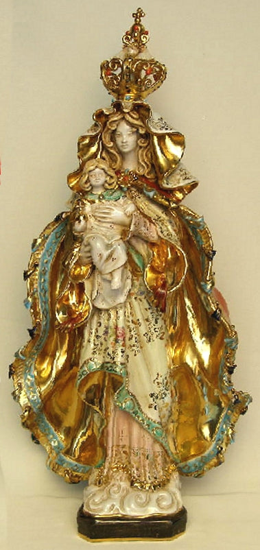 Standing Madonna and Child with Crown, hand-painted and hand-crafted ceramic, 25". Made in Italy., 97451
