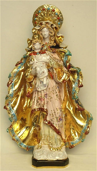 Standing Madonna and Child with Halo, hand-painted and hand-crafted ceramic, 23". Made in Italy., 97452
