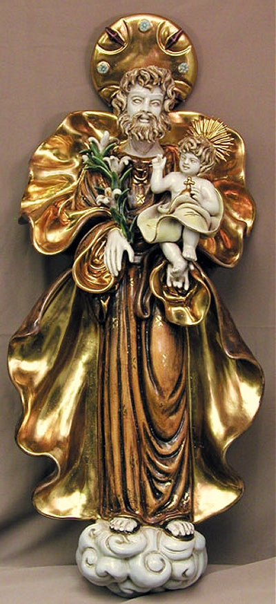Saint Joseph and Child, Wall Plaque, hand painted and hand crafted ceramic, 25". Made in Italy., 97464