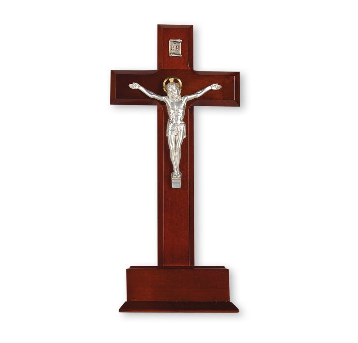 10" Standing Dark Cherry Cross on Base with Silver Plated "Salerni" Corpus, # 1334