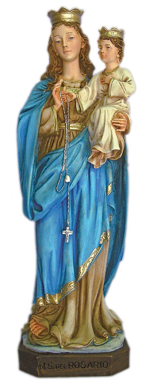 Our Lady of The Rosary Statue, Hand Painted Alabaster, 11", Made in Italy, # 21165