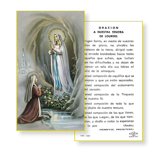Oracion a Nuestra Senora de Lourdes, Paquete de 100 Estampas Sagradas de Papel