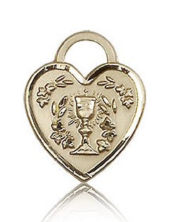 First Communion Heart Pendant Solid 14kt Gold 9/16", Free Chain, # 98600