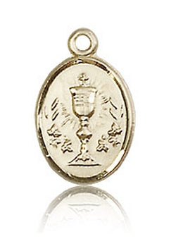 First Holy Communion Cup 1/2" Oval Medal Solid 14kt Gold, Free Chain, # 98619