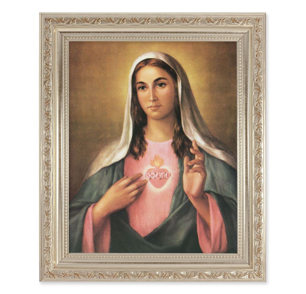 La Fuente: Immaculate Heart of Mary, 10"x12" Antique Silver & Carved Scrollwork Frame, Italian Print Under Glass # 26858