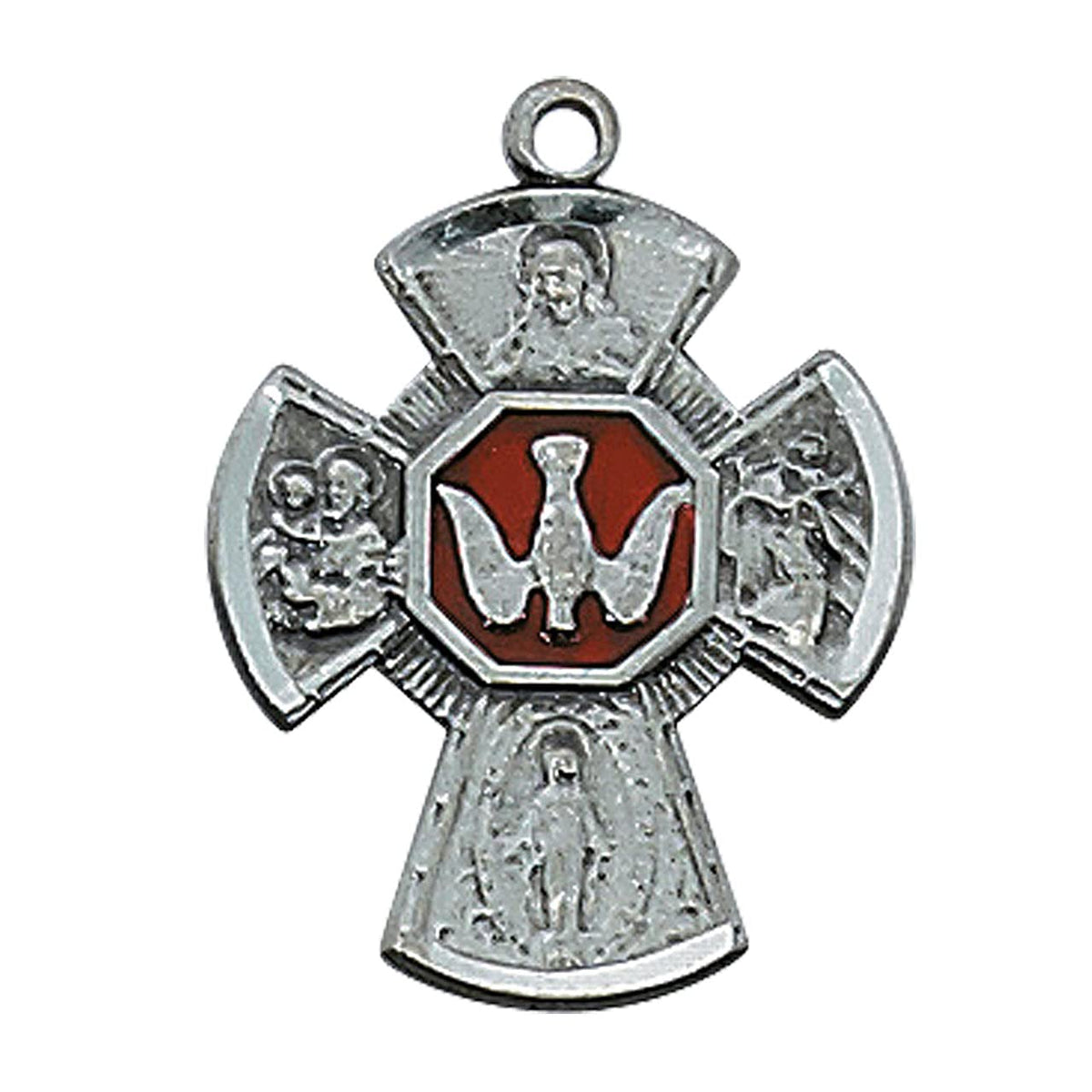 4-Way Medal in Satan Silver Finished New England Pewter with Red Enamel, 1-1/8" Tall, 24" Rhodium Plated Chain # 21539
