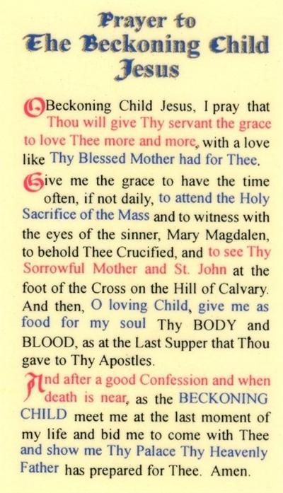Prayer to The Beckoning Child Jesus, Laminated Holy Card,. # 99727