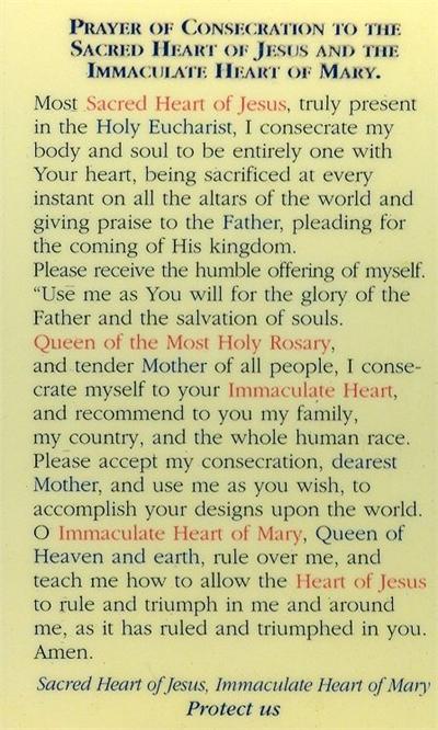 Prayer of Consecration to the Sacred Heart of Jesus and the Immaculate Heart of Mary, Laminated Holy Card,. # 99758.