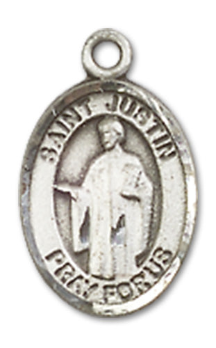 St. Justin Oval Charm Medal, Fine Pewter, 1/2", Your Choice of Chain, # 10351