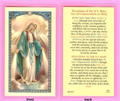 Devotions of the B.V. Mary Act of Consecration to Mary, Laminated Holy Card,. # 99760.|