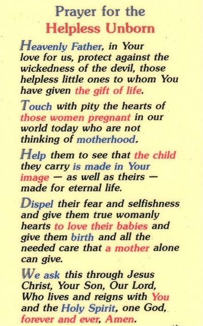 Prayer for the Helpless Unborn, Laminated Holy Card,. # 99772.