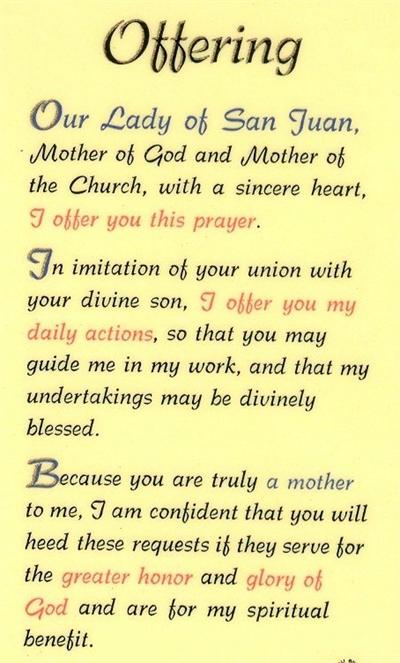Offering / OL of San Juan Laminated Holy Card,. # 99787.