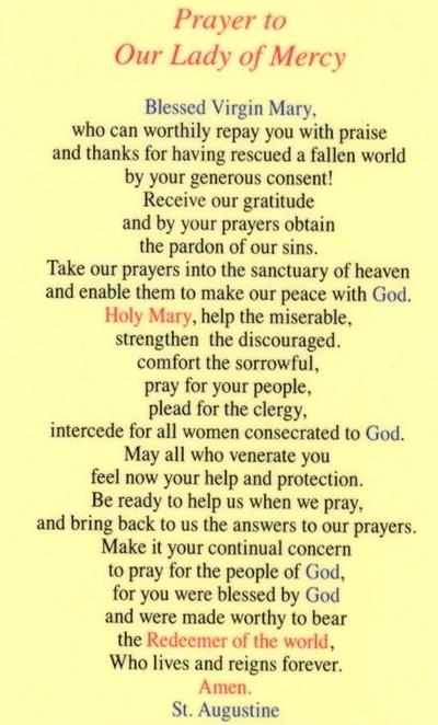 Prayer to Our Lady of Mercy, Laminated Holy Card,. # 99800.