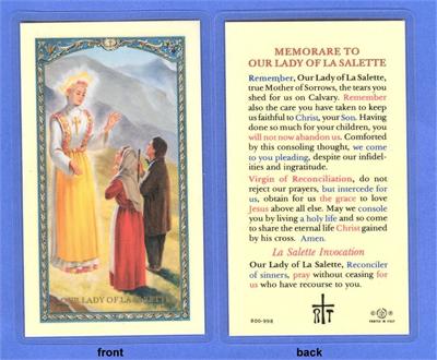 Memorare to Our Lady of La Salette, Laminated Holy Card,. # 99802.|