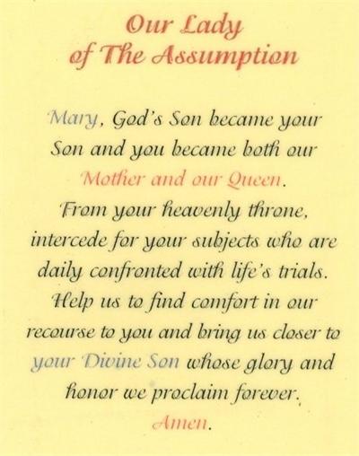 Our Lady of The Assumption, Laminated Holy Card,. # 99803.
