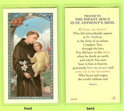 St. Anthony w/ Infant Jeus Laminated Holy Card, # 99808|