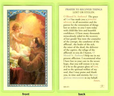 St. Anthony to Recover Lost Items Laminated Holy Card, # 99809|