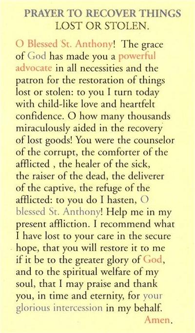 St. Anthony to Recover Lost Items Laminated Holy Card, # 99809