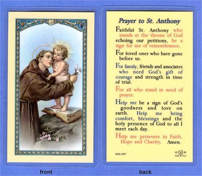 St. Anthony Laminated Holy Card, # 99810|