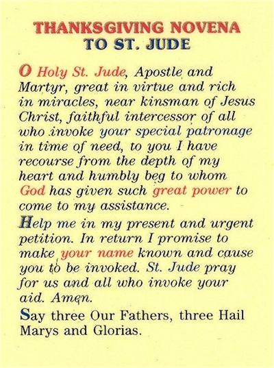 Thanksgiving Novena to St. Jude Laminated Holy Card, # 99816